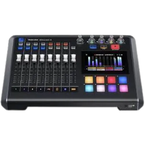 Consola Mixcast 4 Rode para producción de podcast en tiempo real con mezcla profesional de audio multipista y control de video simultáneo